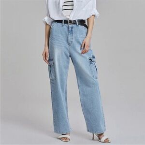 The Frakie Shop Kai Cargo Denim Pants Jeans In Worn Wash Size M